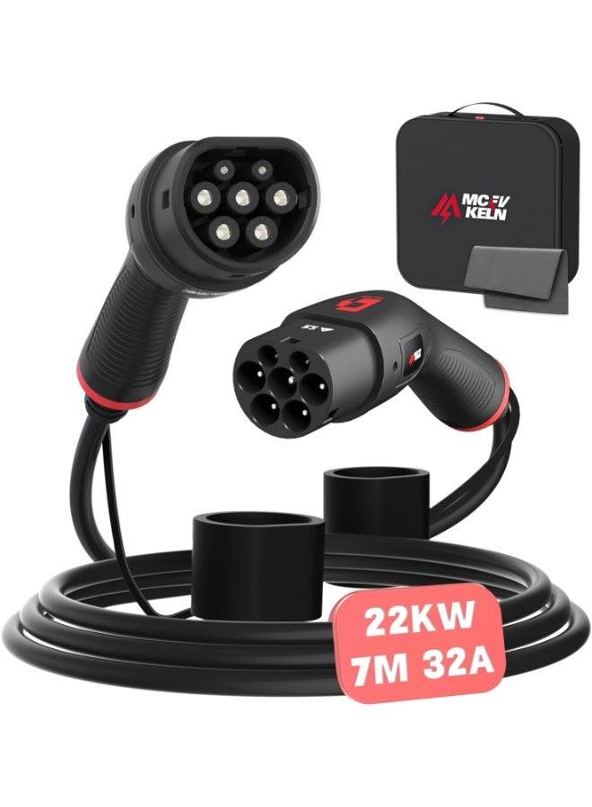 MCEVKELN Type 2 Charging Cable 22 kW for Electric Car & Hybrid Type 2 Mode 3 Charging Cable E Car - 32A | 3 Phase | 7 m Charging Cable Electric Car Type 2 EV Charger with Handbag, Black - Image 1